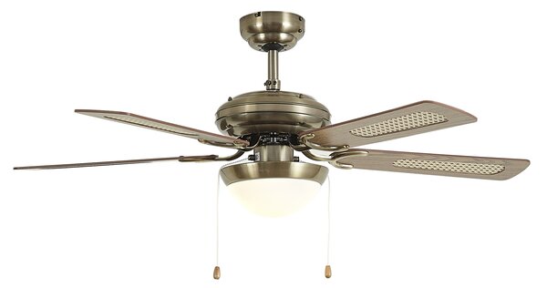 Stropný ventilátor mosadz s drevenou potlačou a ratanom 105 cm s ťahovým spínačom - Mistral Majas