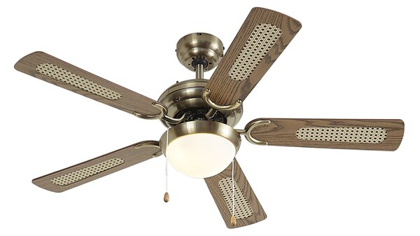 Stropný ventilátor mosadz s drevenou potlačou a ratanom 105 cm s ťahovým spínačom - Mistral Majas