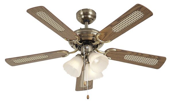 Mosadzný stropný ventilátor s potlačou dreva a ratanom 105 cm s ťahovým spínačom - Mistral Lia