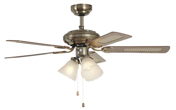 Mosadzný stropný ventilátor s potlačou dreva a ratanom 105 cm s ťahovým spínačom - Mistral Lia