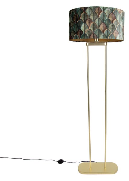 Mosadzná stojaca lampa s oválnym tienidlom s dizajnom listov a zlatým interiérom 50 cm - Thijmen
