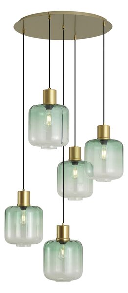 Hotelová elegantná závesná lampa mosadzná s modrým a zeleným sklom 5-svetiel - Qara