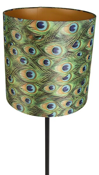 Stojaca lampa čierna s plyšovým tienidlom Peacock Gold 40 cm - Simplo