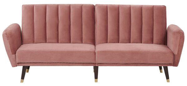 Rozkladacia pohovka ružová zamatové čalúnenie vhodná na spanie elegantná moderná obývacia izba spálňa