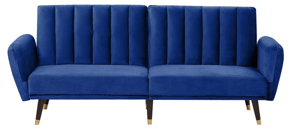 Rozkladacia pohovka modrá na spanie konvertibilná zamatové čalúnenie elegantná moderná obývacia izba spálňa