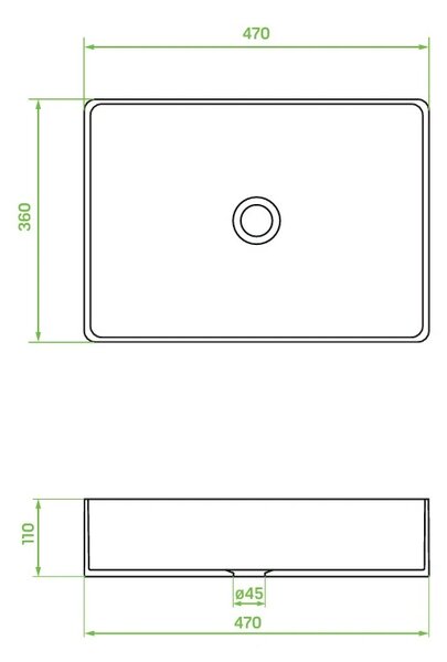 Laveo Kvadrato, keramické umývadlo na dosku 470x360x110mm, čierna matná, LAV-VUK_B247
