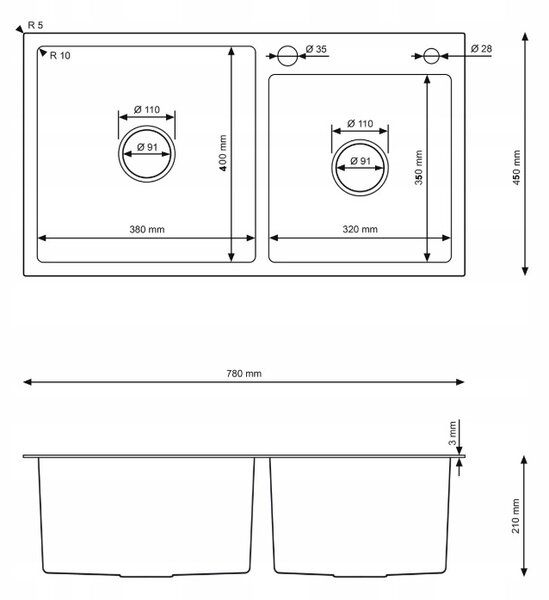 Erga HD, 2-komorový oceľový drez 780x450x210 mm, grafitová, ERG-MLS-HD7845B