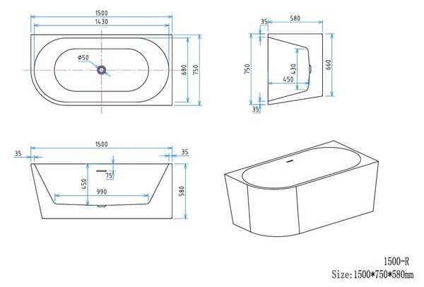 Erga Zara, rohová voľne stojaca vaňa 140x72 cm + odtoková zátka, pravá, biela lesklá, ERG-ZARA-140072R-WH-WH