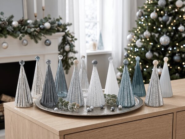 Sklenený svietiaci stromček TWINKLE s LED osvetlením 22 cm, sivé odtiene