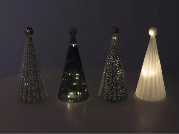 Sklenený svietiaci stromček TWINKLE s LED osvetlením 22 cm, sivé odtiene