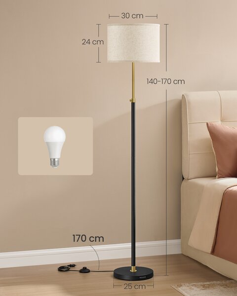 VASAGLE Stojaca lampa s nastaviteľnou výškou 140–170 cm, zlatá a čierna