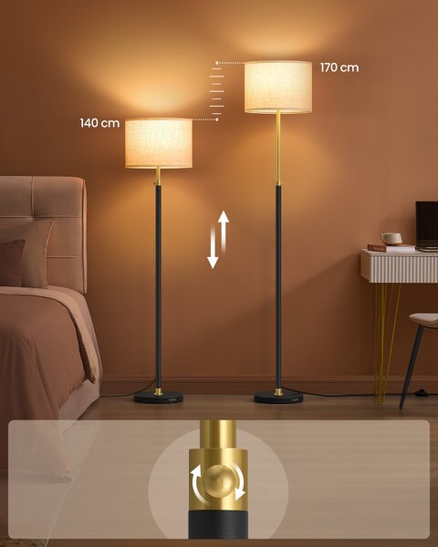 VASAGLE Stojaca lampa s nastaviteľnou výškou 140–170 cm, zlatá a čierna