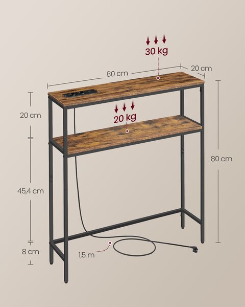VASAGLE Konzolový stolík s lištou na zásuvky v industriálnom štýle 80 x 80 x 20 cm hnedá čierna