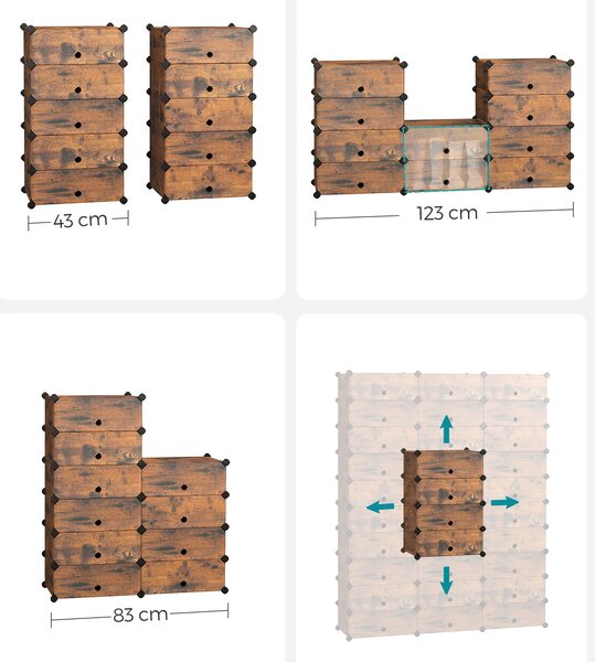 SONGMICS Modulárna botníková skriňa s 10 priehradkami 43 x 173 x 31 cm, hnedá