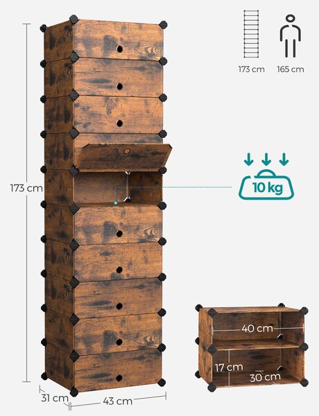 SONGMICS Modulárna botníková skriňa s 10 priehradkami 43 x 173 x 31 cm, hnedá
