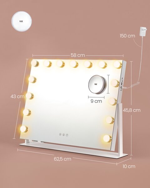 SONGMICS Kozmetické zrkadlo s LED bodovým osvetlením, nabíjacími portmi, dotykovým ovládaním, 3 farbami svetla a stmievateľným osvetlením, 58 x 43 cm…