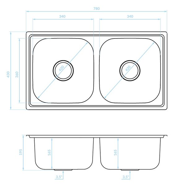 Kuchinox Standard, 2-komorový nerezový drez 780x430x195 mm, drážkovaný dekor, oceľová, LAV-SKS_320T
