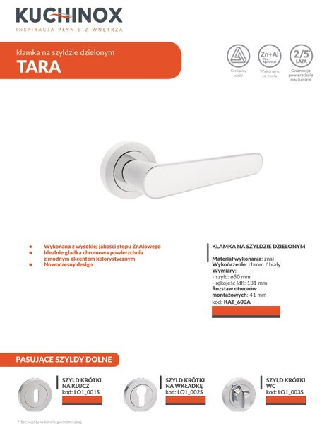 Kuchinox Tara, kľučka na dvere, chrómová-biela, LAV-KAT_600A