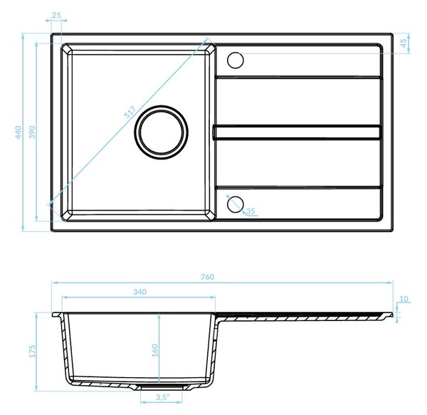 Kuchinox Viti, 1-komorový granitový drez 760x440x175 mm + sifón, šedá, LAV-SBX_511Y