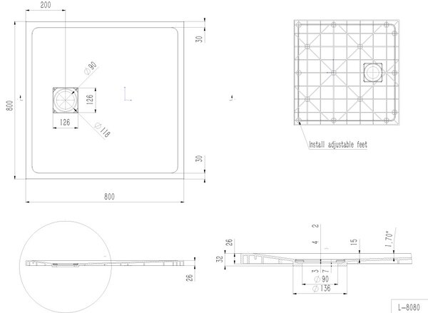 Erga Hyper, SMC sprchová vanička 80x80x2,6 cm + sifón, šedá matná, ERG-V06-SMC-8080S-GR