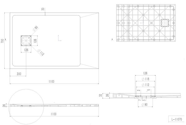 Erga Hyper, SMC sprchová vanička 110x70x2,6 cm + sifón, biela matná, ERG-V06-SMC-7011S-WH