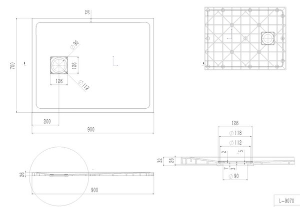 Erga Hyper, SMC sprchová vanička 90x70x2,6 cm + sifón, šedá matná, ERG-V06-SMC-7090S-GR