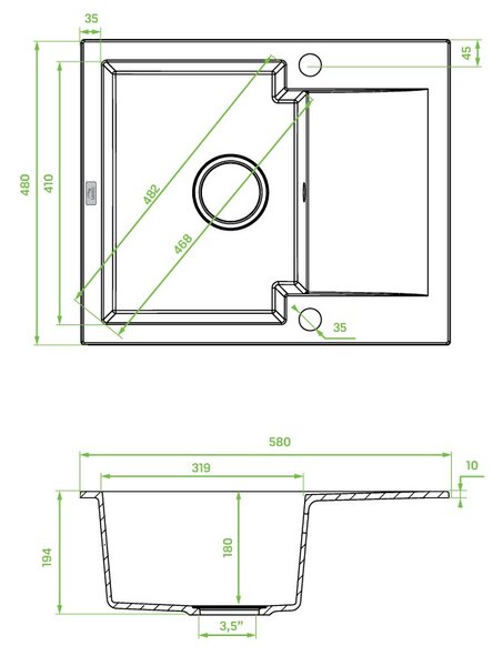 Kuchinox Chichi, 1-komorový granitový drez 580x480x180 mm s odkvapkávačom, šedá matná, LAV-SBH_513Y