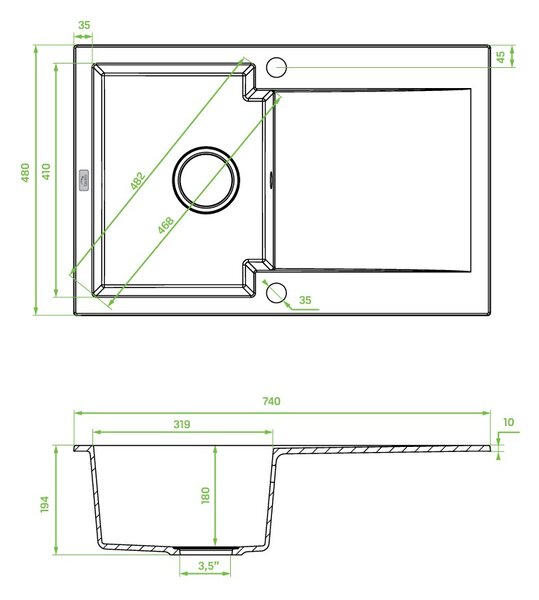 Kuchinox Chichi, 1-komorový granitový drez 740x480x194 mm, šedá, LAV-SBH_511Y