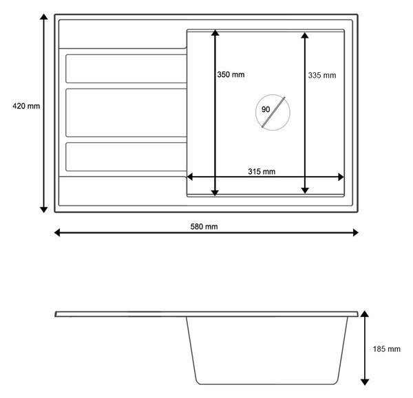 Gamma Modern 6040, 1-komorový granitový drez 580x420x185 mm s krátkym odkvapkávačom, čierna škvrnitá, GMA-ZM-6040-BP