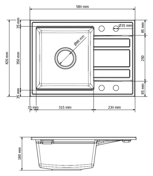 Gamma Modern 6040, 1-komorový granitový drez 580x420x185 mm s krátkym odkvapkávačom, čierna so zlatými bodmi, GMA-ZM-6040-GD