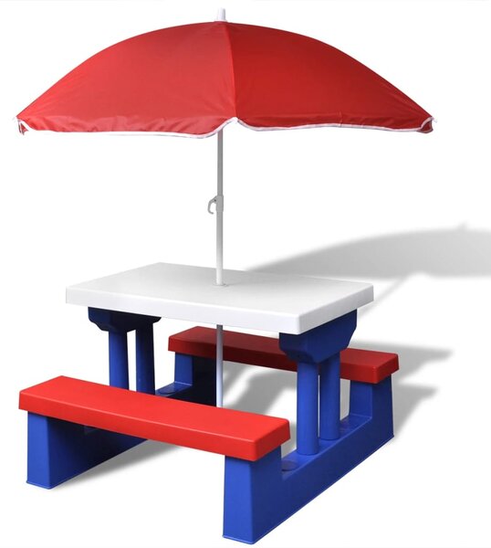 Detský piknikový stôl s lavičkami a slnečníkom, rôznofarebný