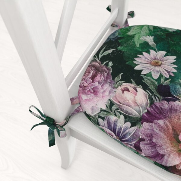 Biante Oblý podsedák Parma PM-114 Fialové kvety na tmavo zelenom - 39x37x3 cm
