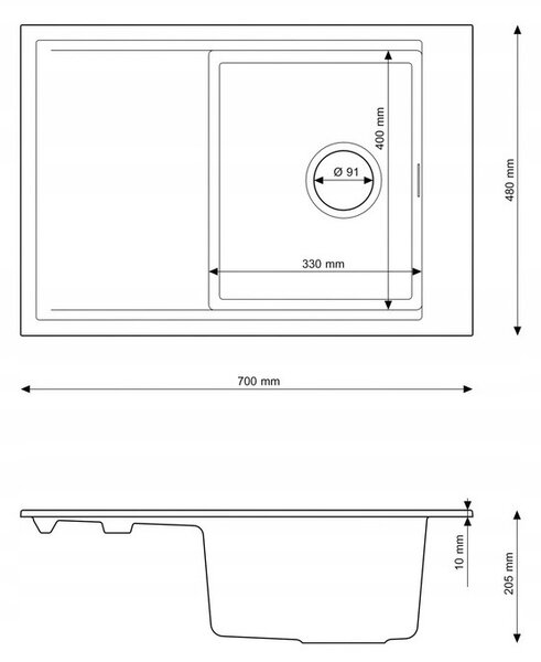 Gamma Design 7050, 1-komorový granitový drez 700x480x205 mm, čierna, GMA-ZLE000129