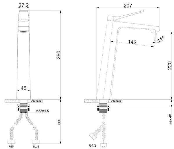 Gamma Roma, vysoká umývadlová batéria h-290, čierna matná, GMA-BRUW-BK
