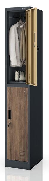 Šatníková skriňa BHP, zamestnanecká, jednotlivá, 2 priehradky s tyčou, antracitová/orech, 316,5x1850x450 mm: IGOR 1 Plus Eco Design