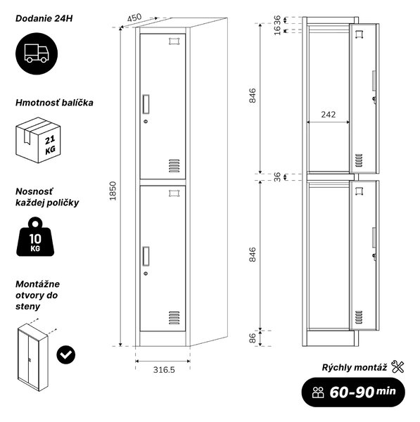 Šatníková skriňa BHP, zamestnanecká, jednotlivá, 2 priehradky s tyčou, biela/dub sonoma, 316,5x1850x450 mm: IGOR 1 Plus Eco Design