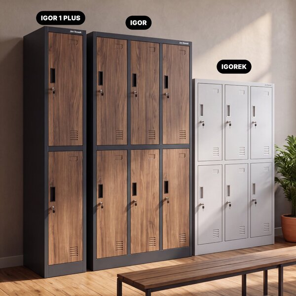 Šatníková skriňa BHP, zamestnanecká, jednotlivá, 2 priehradky s tyčou, antracitová/orech, 316,5x1850x450 mm: IGOR 1 Plus Eco Design