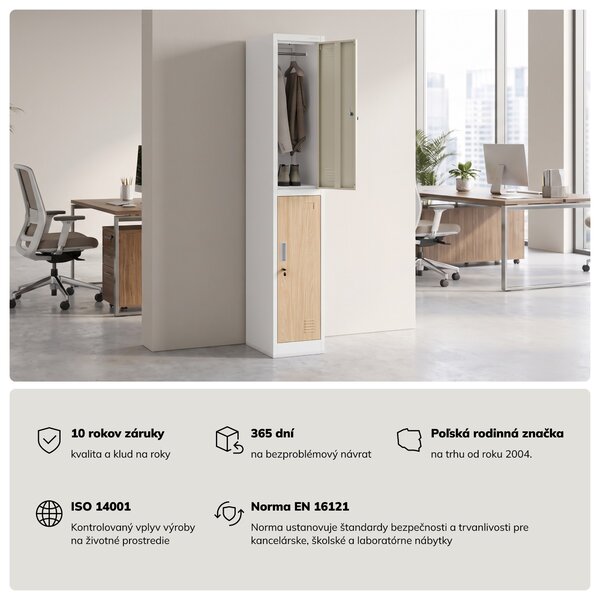 Šatníková skriňa BHP, zamestnanecká, jednotlivá, 2 priehradky s tyčou, biela/dub sonoma, 316,5x1850x450 mm: IGOR 1 Plus Eco Design