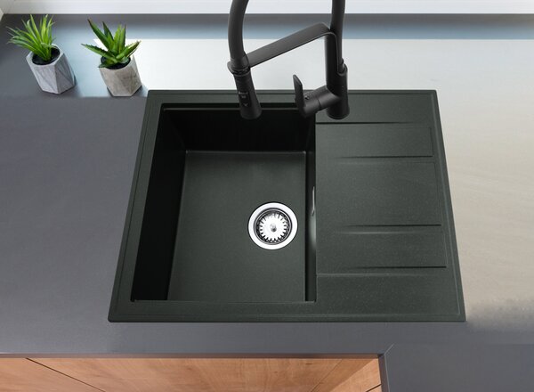 Gamma Modern 6550, 1-komorový granitový drez 650x500x210 mm s krátkym odkvapkávačom, čierna so zlatými bodmi, GMA-ZLE000093