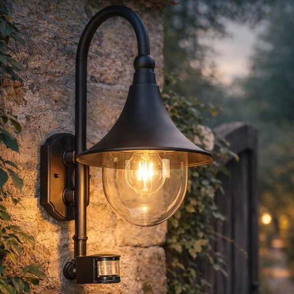 Vonkajšia nástenná lampa čierna IP44 vrátane detektora pohybu - Daphne