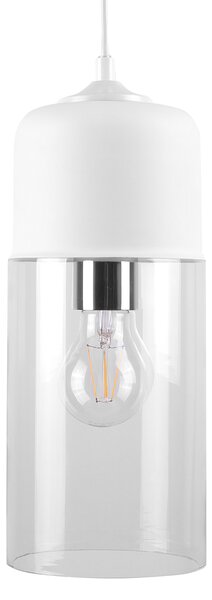Závesná lampa biela priehľadná sklenené tienidlo geometrický valcovitý tvar moderný industriálny štýl obývačka jedáleň