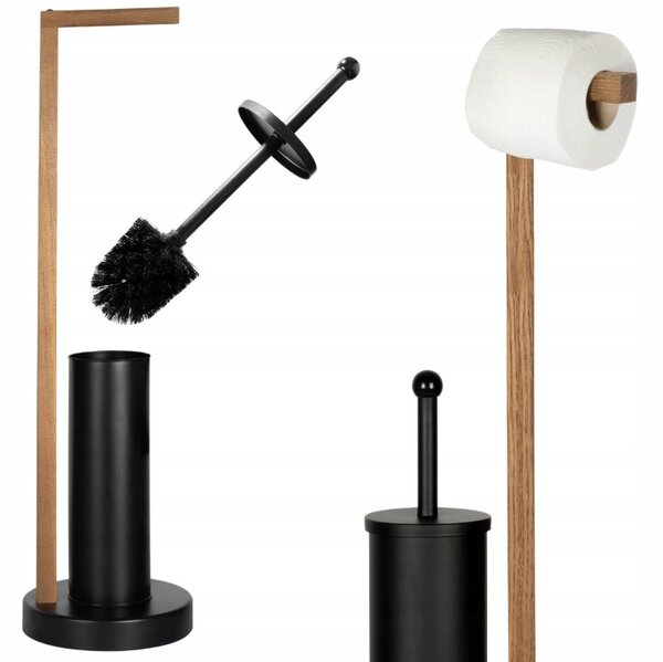Erga Aurora Black, toaletná WC kefa s dreveným držiakom na WC papier na postavenie 19x19x72,5 cm, hnedá-čierna, ERG-SEP-1004SEPSTLUNA