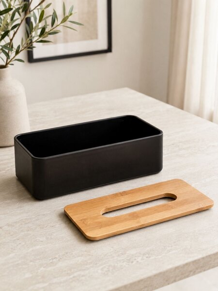Box na vreckovky Natureo Black, 26x9x13 cm, čierna/s drevenými prvkami