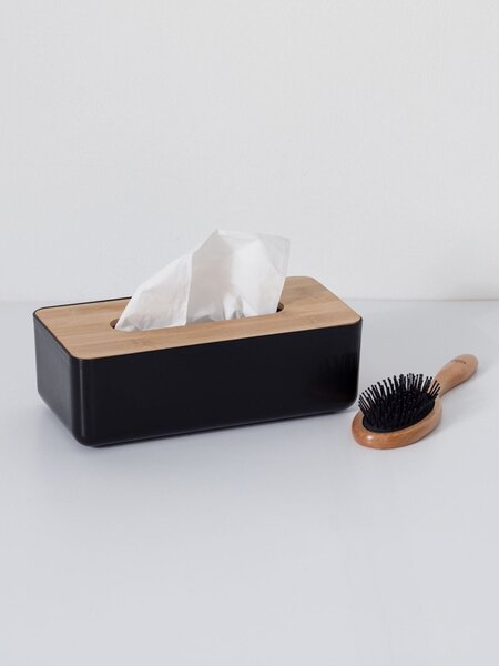 Box na vreckovky Natureo Black, 26x9x13 cm, čierna/s drevenými prvkami