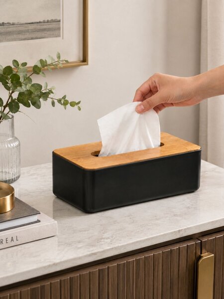 Box na vreckovky Natureo Black, 26x9x13 cm, čierna/s drevenými prvkami