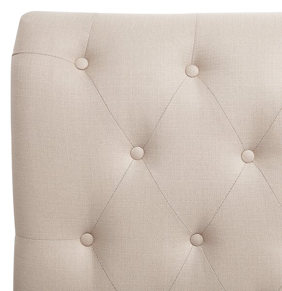 Posteľ béžová polyester látkové čalúnenie 180 x 200 cm prešívané čelo s gombíkmi drevené nohy lamelový rošt vintage glamour štýl spálňa