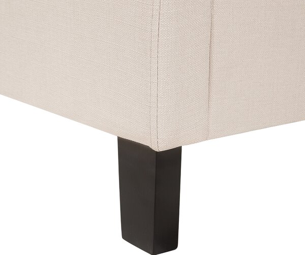 Posteľ béžová polyester látkové čalúnenie 180 x 200 cm prešívané čelo s gombíkmi drevené nohy lamelový rošt vintage glamour štýl spálňa