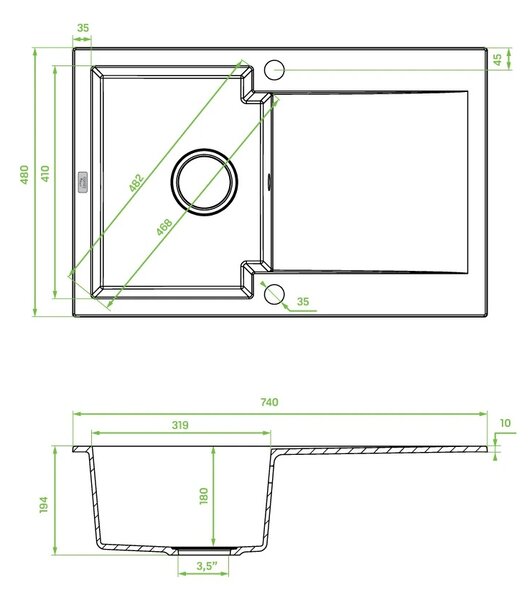 Kuchinox Chichi, 1-komorový granitový drez 740x480x194 mm, čierna škvrnitá, LAV-SBH_711Y