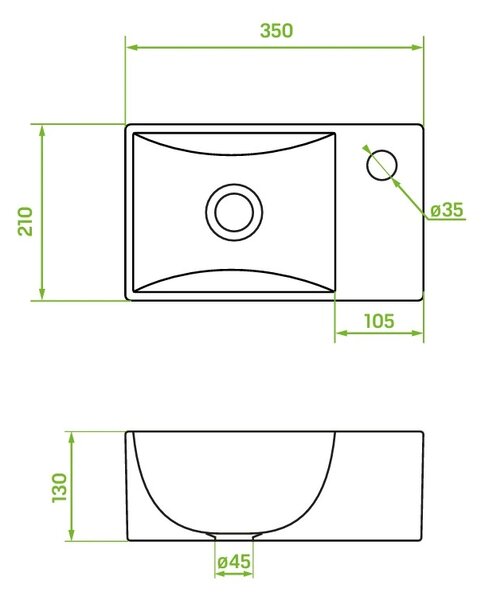 Laveo Kvadrato, keramické umývadlo 355x210x130 mm, pravé, biela lesklá, LAV-VUK_6135