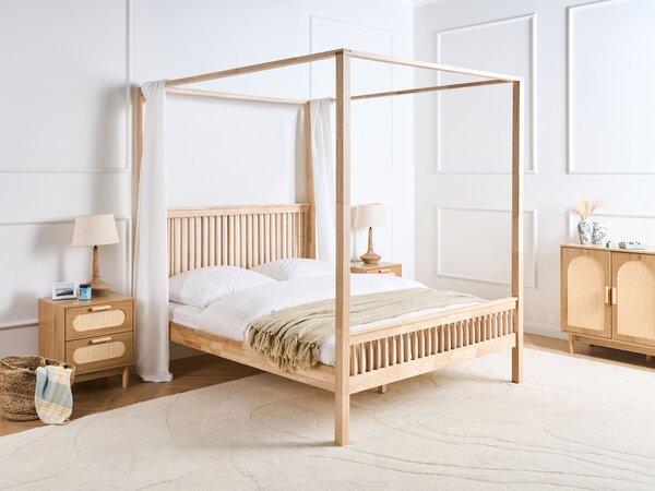 Rám postele s baldachýnom svetlohnedá kaučukové drevo 160 x 200 cm lamelové čelo minimalistický dizajn